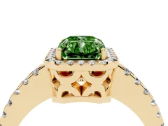 Fancy Green Radiant Cut Diamond Halo Ring Set in Yellow gold with Pavé Shoulders and Halo-Framed Center