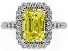 Fancy Yellow Radiant Cut Diamond Halo Ring Set in Platinum with Pavé Milgrain Band