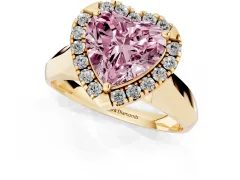 Fancy Pink Heart Cut Diamond Halo Solitaire Engagement Ring Set in Yellow gold with Square Band and Prong Setting