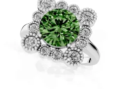 Fancy Green Round Cut Diamond Cluster Halo Ring Set in Silver with Milgrain Bezel Accents and Plain Band