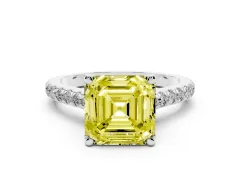 Fancy Yellow Asscher Cut Diamond Solitaire Ring Set in Silver with Brilliant Pavé Band and Prong Setting