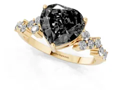 Fancy Black Heart Cut Diamond Ring Set in Yellow gold with Scattered Round Accents