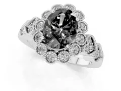 Fancy Black Oval Cut Diamond Solitaire Ring Set in White gold with Milgrain Pavé Heart Band