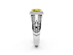 Fancy Yellow Asscher Cut Diamond Halo Ring Set in White gold with Double Pavé Split Shank