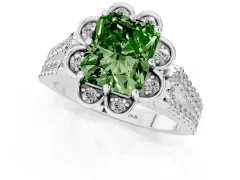 Fancy Green Radiant Cut Diamond Floral Halo Split Shank Engagement Ring Set in Silver with Pavé Shank