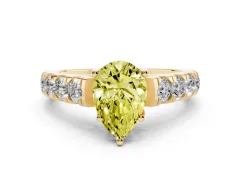 Fancy Yellow Pear Cut Diamond Solitaire Ring Set in Yellow gold with Cut-Down Micro Pavé Band and Prong Setting