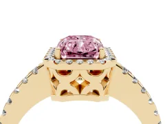 Fancy Pink Radiant Cut Diamond Halo Ring Set in Yellow gold with Pavé Shoulders and Halo-Framed Center