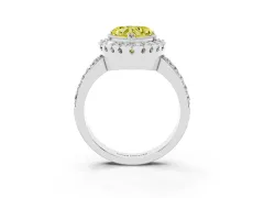 Fancy Yellow Heart Cut Diamond Halo Ring Set in White gold with Pavé Shank and Prong Setting