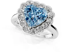 Fancy Blue Heart Cut Diamond Halo Cluster Engagement Ring Set in White gold with Solitaire Band and Prong Setting