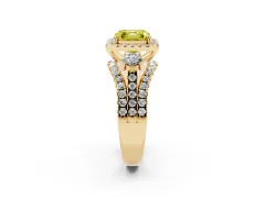 Fancy Yellow Asscher Cut Diamond Halo Split Shank Ring Set in Yellow gold with Round Accent Stones and Prong Setting