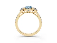 Fancy Blue Pear Cut Diamond Three-Stone Ring Set in Yellow gold with Round Side Stones and Delicate Pavé Band