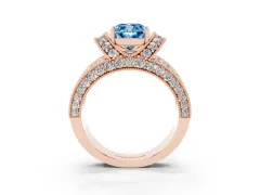 Fancy Blue Cushion Cut Diamond Milgrain Halo Pavé Engagement Ring Set in Rose gold with Prong Setting