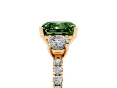 Fancy Green Asscher Cut Diamond Three-Stone Ring Set in Yellow gold with Pavé Band and Graduated Sides