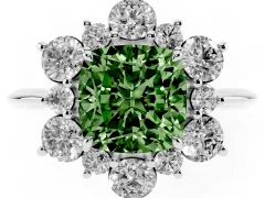 Fancy Green Cushion Cut Diamond Cluster Halo Ring Set in White gold with Solitaire Band and Prong Setting