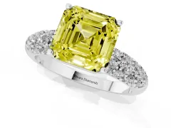Fancy Yellow Asscher Cut Diamond Pavé Band Solitaire Ring Set in Platinum with Close-Set Accent Stones and Prong Setting