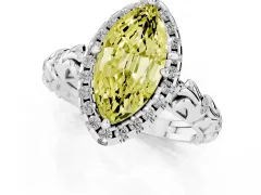 Fancy Yellow Marquise Cut Diamond Halo Ring Set in Platinum with Filigree Leaf Band and Prong Setting