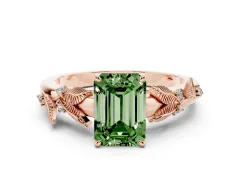 Fancy Green Emerald Cut Diamond Solitaire Ring Set in Rose gold with Leaf Motif Band