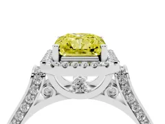 Fancy Yellow Radiant Cut Diamond Halo Ring Set in Platinum with Pavé-Lined Split Shank Band