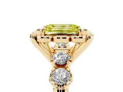 Fancy Yellow Emerald Cut Diamond Floral Halo Ring Set in Yellow gold with Shared Prong Band