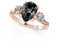 Fancy Black Pear Cut Diamond Three-Stone Ring Set in Rose gold with Pavé Band and Smaller Side Stones