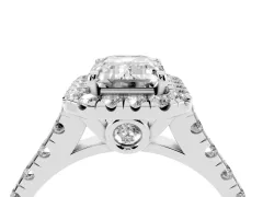 Emerald Cut Diamond Halo Engagement Ring Set in Silver with Pavé Band and Prong-Set Center