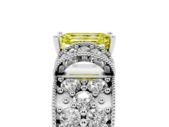Fancy Yellow Emerald Cut Diamond Milgrain Halo Pavé Engagement Ring Set in Silver with Prong Setting