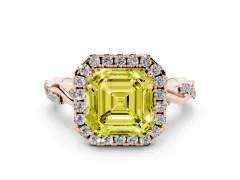 Fancy Yellow Asscher Cut Diamond Halo Twist Band Solitaire Ring Set in Rose gold with Prong Setting
