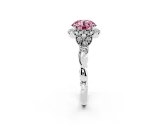Fancy Pink Round Cut Diamond Halo Engagement Ring Set in Silver with Vintage-Inspired Band and Prong Setting