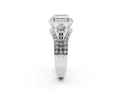 Asscher Cut Diamond Halo Split Shank Ring Set in Silver with Round Accent Stones and Prong Setting