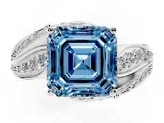 Fancy Blue Asscher Cut Diamond Solitaire Ring Set in White gold with Layered Twist Pavé Band