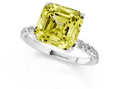 Fancy Yellow Asscher Cut Diamond Solitaire Engagement Ring Set in Platinum with Round Pavé Band and Prong Setting