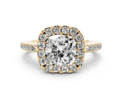 Cushion Cut Diamond Pavé Halo Ring Set in Yellow gold with Prong Setting