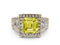 Fancy Yellow Asscher Cut Diamond Halo Split Shank Ring Set in Yellow gold with Round Accent Stones and Prong Setting