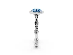 Fancy Blue Round Cut Diamond Halo Twist Band Solitaire Ring Set in White gold with Prong Setting