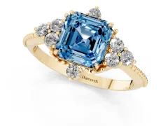Fancy Blue Asscher Cut Diamond Cluster Ring Set in Yellow gold with Beaded Band