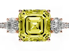 Fancy Yellow Asscher Cut Diamond Three-Stone Ring Set in Rose gold with Pavé Band and Graduated Sides