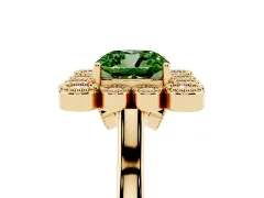 Fancy Green Cushion Cut Diamond Cluster Halo Ring Set in Yellow gold with Milgrain Bezel Accents and Plain Band
