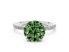 Fancy Green Round Cut Diamond Solitaire Engagement Ring Set in White gold with Round Pavé Band and Prong Setting