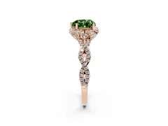 Fancy Green Heart Cut Diamond Halo Twist Band Solitaire Ring Set in Rose gold with Prong-Set Center Stone