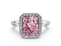 Fancy Pink Radiant Cut Diamond Halo Twist Band Solitaire Ring Set in Platinum with Prong Setting