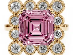 Fancy Pink Asscher Cut Diamond Cluster Halo Ring Set in Yellow gold with Milgrain Bezel Accents and Plain Band