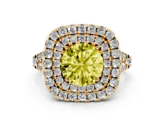 Fancy Yellow Round Cut Diamond Double Halo Ring Set in Yellow gold with Pavé Split Shank and Prong Setting