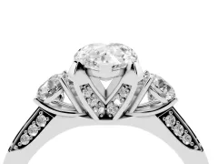 Pear Cut Diamond Three-Stone Ring Set in Silver with Pavé Band and Smaller Side Stones