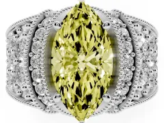 Fancy Yellow Marquise Cut Diamond Milgrain Halo Pavé Engagement Ring Set in White gold with Prong Setting