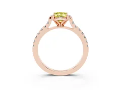 Fancy Yellow Emerald Cut Diamond Solitaire Ring Set in Rose gold with Pavé Band and Floral Prong Setting