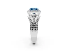 Fancy Blue Asscher Cut Diamond Halo Split Shank Ring Set in Platinum with Round Accent Stones and Prong Setting