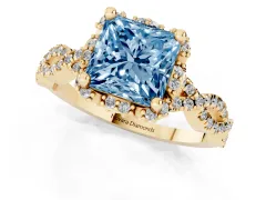 Fancy Blue Princess Cut Diamond Halo Twist Band Solitaire Ring Set in Yellow gold with Prong-Set Center Stone