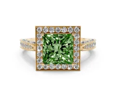 Fancy Green Princess Cut Diamond Halo Engagement Ring Set in Yellow gold with Accent Split Shank Band