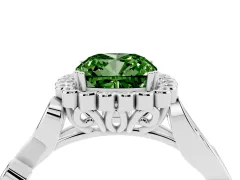 Fancy Green Cushion Cut Diamond Halo Ring Set in Platinum with Leaf Motif Split Shank and Prong Setting