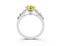 Fancy Yellow Round Cut Diamond Solitaire Ring Set in Silver with Leaf Motif Band